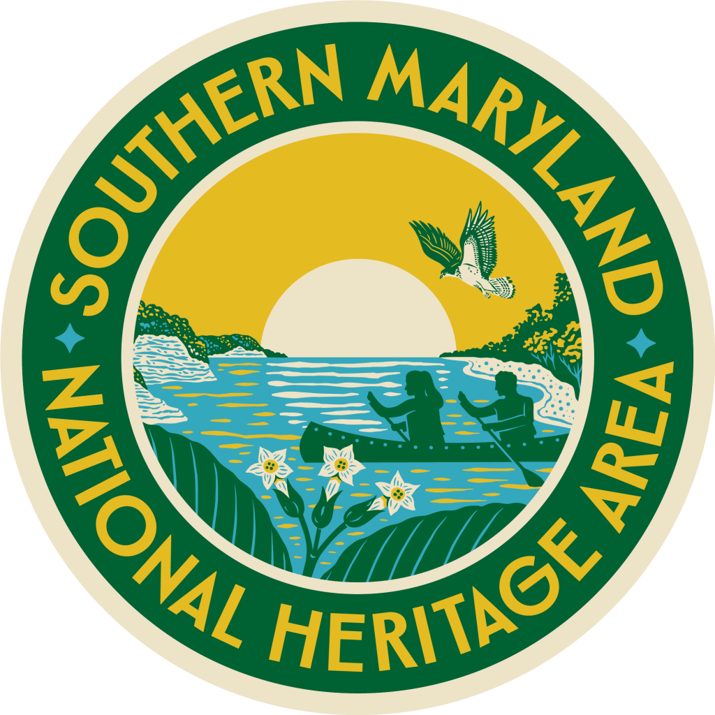 Southern Maryland National Heritage Area logo with a man and woman rowing a green canoe during the sunset with an eagle fling overhead